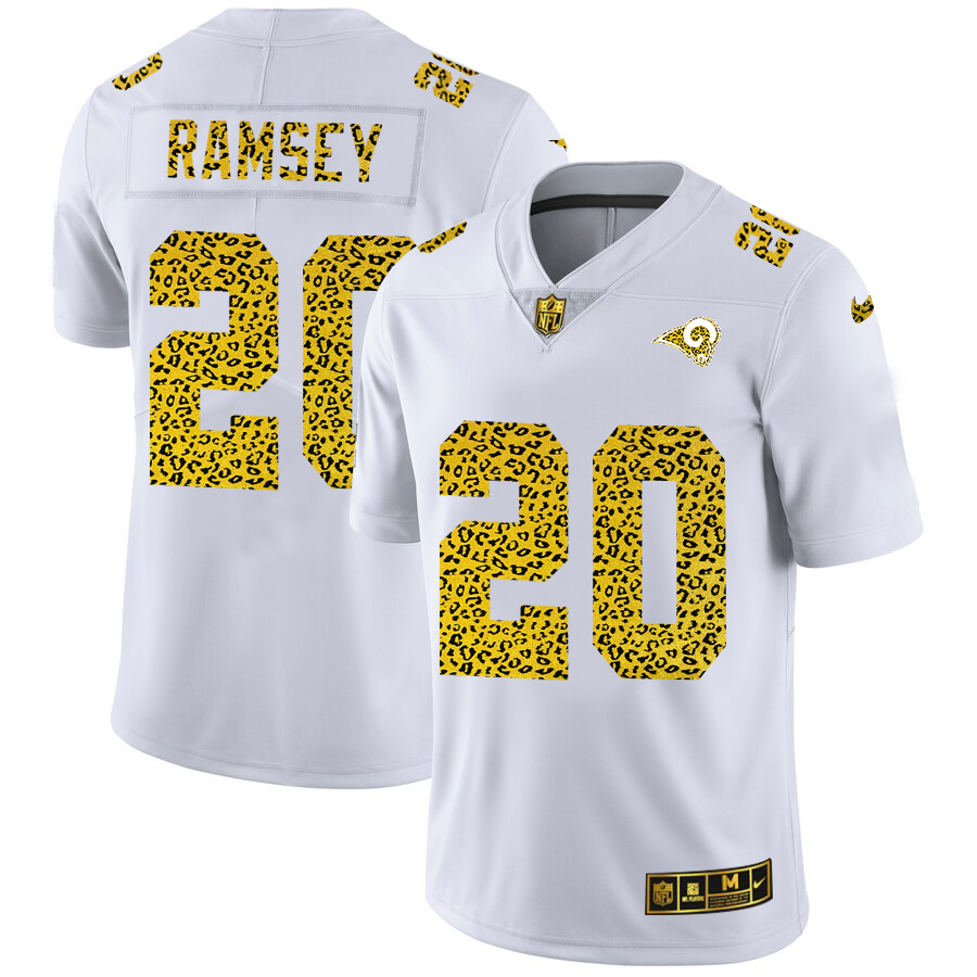 Custom Los Angeles Rams 20 Jalen Ramsey Men Nike Flocked Leopard Print Vapor Limited NFL Jersey White